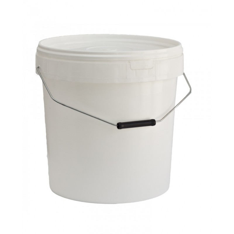 Secchiello in plastica per alimenti con manico e coperchio.